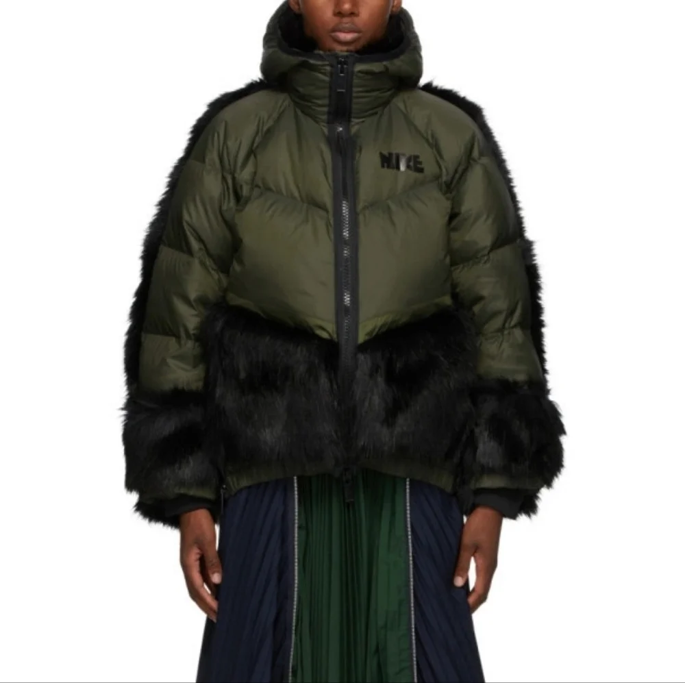 Nike Sacai Edition Down NGR Faux Gur Puffer Parka in Olive Green - Picture 1 of 14